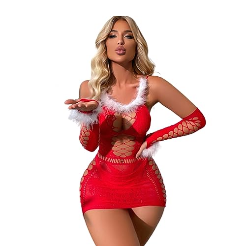 Sexy Weihnachts-Dessous Damen Mini Kleid – Netzkleid mit Federn & Handschuhen – Dessous Damen Sexy Unterwäsche für Weihnachten & Valentinstag...