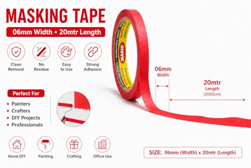 Image of Mario Red Masking Tape - 20 Meter Length, 6mm Width - Premium Adhesive Tape for DIY, Art & Craft, Carpenter & Painting Use - Easy Tear, Clean Peel - Pack of 2 Rolls