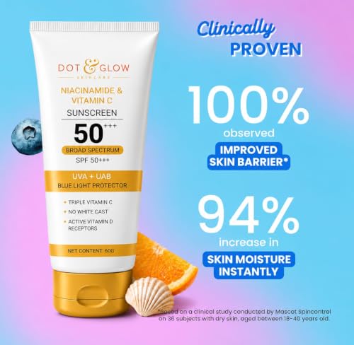 Image of Dot & Glow Niacinamide Vitamin C Sunscreen | SPF 50 PA+++ Broad Spectrum Sun Protection | Blue Light Defense | Non-Sticky Moisturizing Face Sunscreen | 60g