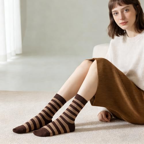Image of Womens Striped Crew Socks, Cute Vintage Retro Mid Calf Boot Socks for Women Ladies 5 /6 Pairs, Size 5-10