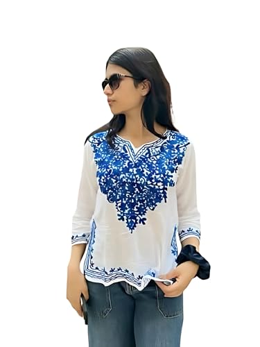 Women Cotton Regular Fit White Chikankari Short Kurti-Stylish Sum...