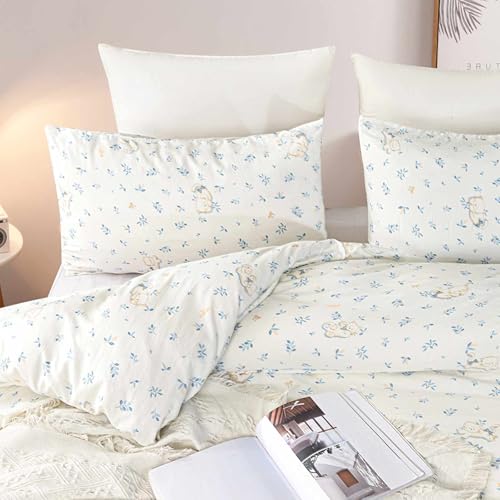 Nanko Blaues Katzen-Bettwäsche-Set mit Blumenmuster, volle Größe, 3-teilig, niedliches weißes botanisches Muster, bedruckt, Vintage, weich und leicht, Cottage, adrette Mikrofaser, Steppdecken-Set für