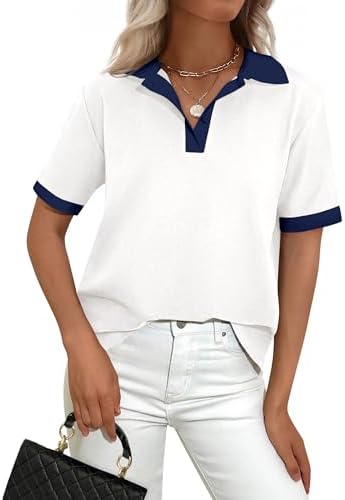 PRETTYGARDEN Summer Short Sleeve Polo Shirts for Women Collared V Neck Work Dressy Tops Knit Loose Business Casual Outfits