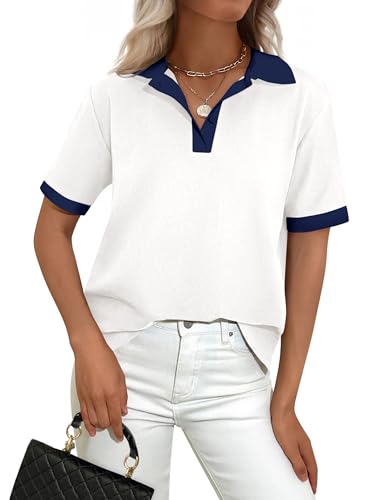 PRETTYGARDEN Summer Short Sleeve Polo Shirts for Women Collared V Neck Work Dressy Tops Knit Loose Business Casual Outfits(White Large)