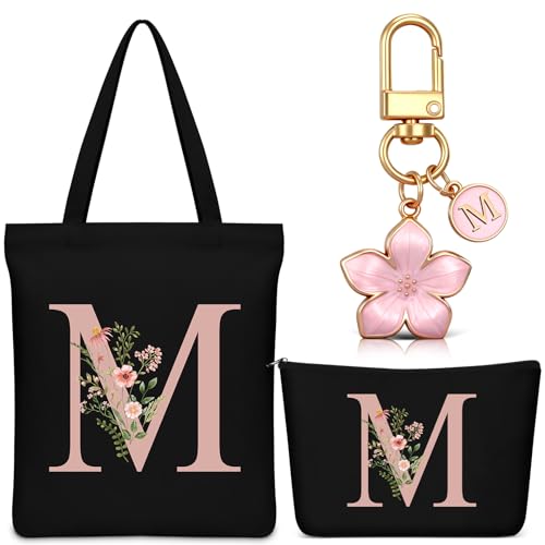 Hestya Set 3 Regalos para Mujer Navidad Bolso Tote Personalizado con Inicial Bolsa de Compras de Lona Neceser con Alfabeto Bolso de Maquillaje Llavero con Letra para Amiga Colega Cumpleaños Boda(M)