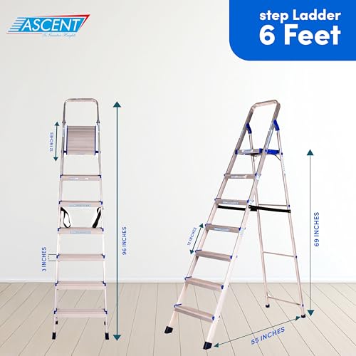Image of ASCENT Ladder for Home 7 Steps Foldable Step Ladder with 12-Inch Wide Anti-Skid Platform | Virgin Aluminium Material for Strength & Stability | Heavy Duty | 5 Year Warranty | 180 kg Capacity