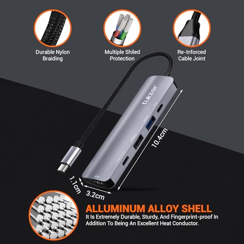 Image of Tukzer 5-in-1 Type-C Hub to HDMI 4K@30Hz, Type C 2.0, USB 2.0, USB 3.0 Data, 100W PD with 1000M Ethernet RJ45, MultiPort Adapter Compatible with MacBook Pro Air iPad, Dell, Other Type-C Device