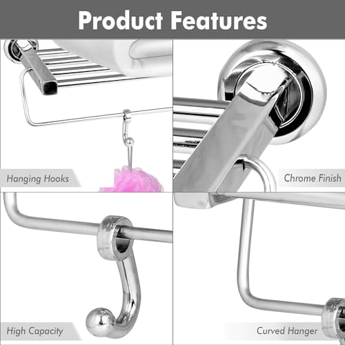 Image of Zureni Folding Towel Rack for Bathroom with Multipurpose Hooks Wall Mount Hanger Bar Shelf Accessories and Fittings Stand Home Washroom Kitchen (Pack of 1, Silver, Square Rod)