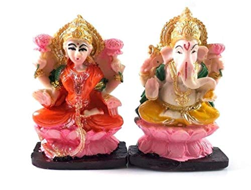 Par de estatuas de Lord Ganesha y Lakshmi de resina 4 pulg miniatura 2