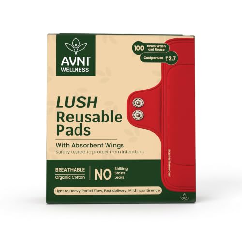 Image of Avni Lush Reusable Cloth Sanitary Pads for Women | 3R + 1L pad | Day & Night Cycle Pack | Superabsorbent Heavy Flow Sanitary Pads | Organic Cotton Sanitary Pad | Antimicrobial Laboratory Tested, Chemical-Free | Patented Design | Lasts 3 years | Full cycle pack of 4 with Cloth Storage Pouch | 240 + 280 mm