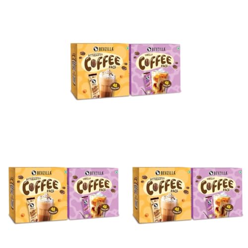 Image of Bevzilla Flavour Combo Pack - 48 French Vanilla & 48 English Butterscotch Instant Coffee Powder Sachets | Best For Espresso, Latte & Cappuccino | Cafe-Style Instant Coffee | Enjoy Hot & Cold