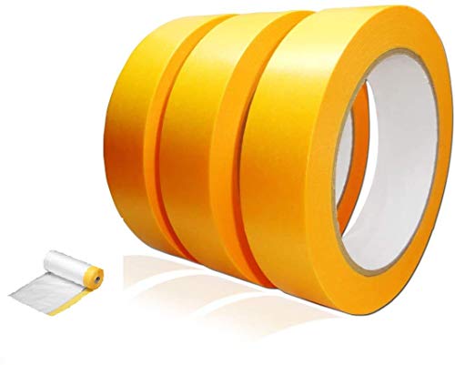 Abdeckfolie mit Klebeband 110cm x 25m Malerband Goldband 25mm - 3 Stück je 50m Rolle - perfektes Malerkrepp für Innen und Außen Cover
