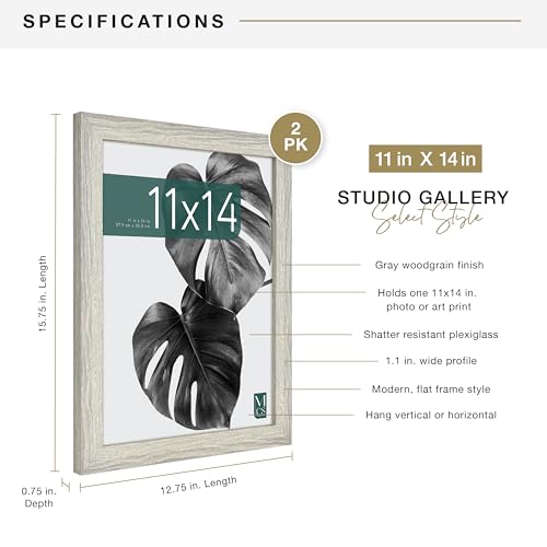 MCS Studio Gallery 11x14 Picture Frame Gray Woodgrain, Rectangle Photo Frame for Photos, Posters & Art Prints (2-Pack)