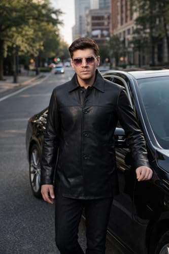 Image of TLC Mens Leather Coat | 3 /4 Length Button Up Lambskin Car Coat - Classic Long Leather Jacket Men