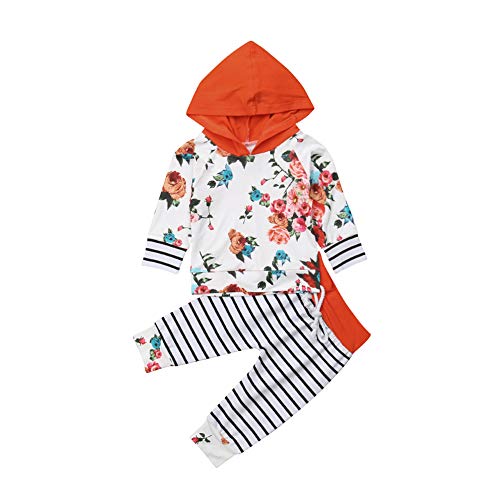 Toddler Baby Girls Floral Hoodie Long Sleeve Top + Striped Pant Set Leggings 2 Piece Outfits,White (1.5-2 T, White)