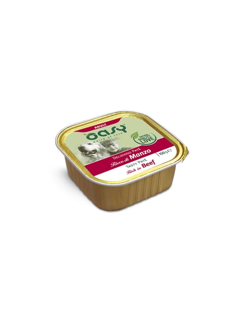 Oasy delizioso patè per cani adulti di tutte le taglie, gusto MANZO | 11 vaschette da 150 grammi l'una.