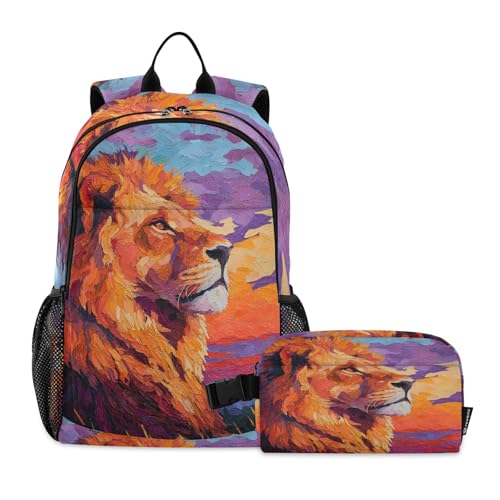 Kids Backpack Majestic Lion Boys Girls School Backpack with Lunch Bag Bookbag Set