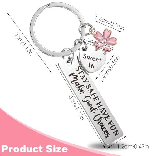 Tyqour Sweet 16 Schlüsselanhänger Herz Blumen Inspirierende 16. Geburtstag Schlüsselanhänger Stay Safe Have Fun Schlüsselanhänge für Tochter,Schwester,Freundin,Familie, Geburtstagsgeschenk Mädchen