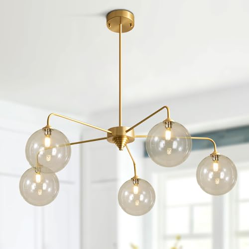 Image of Mid Century Modern Sputnik Chandelier Brass Gold Chandelier Cognac Clear Glass Globe Sputnik Chandelier for Kitchen Dining Room Bedroom
