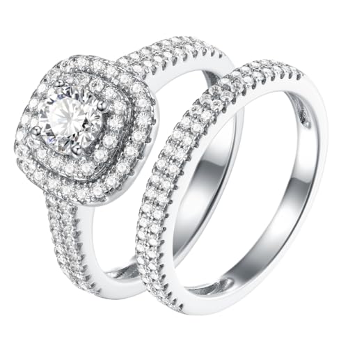 5Ct 925 Sterling Silver Cubic Zirconia Round Cut Double Halo Wedding Ring Set CZ Engagement Ring for Women Size 5-10