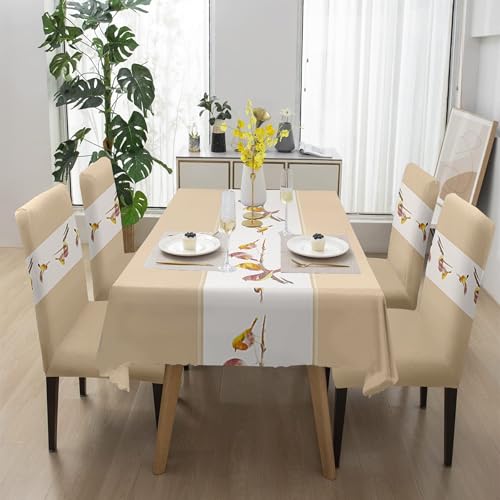 Image of Amazon Basics Dining Table Cover with 6 Chair Covers|Table Cover: 100% Polyester Woven Fabric 140 GSM, 220Cm X 140Cm|Chair Cover: 95% Polyester & 5% Spandex 110 GSM, 50Cm X 40Cm|Cream, Rectangular