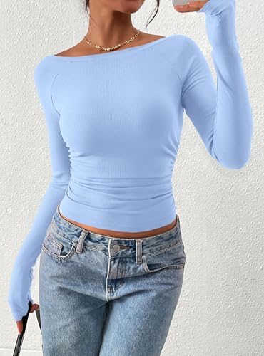 PRETTYGARDEN Long Sleeve Shirts for Women 2025 Fall Ruched Sides Boat Neck Basic Tee Casual Fitted Ribbed Knit Crop Tops