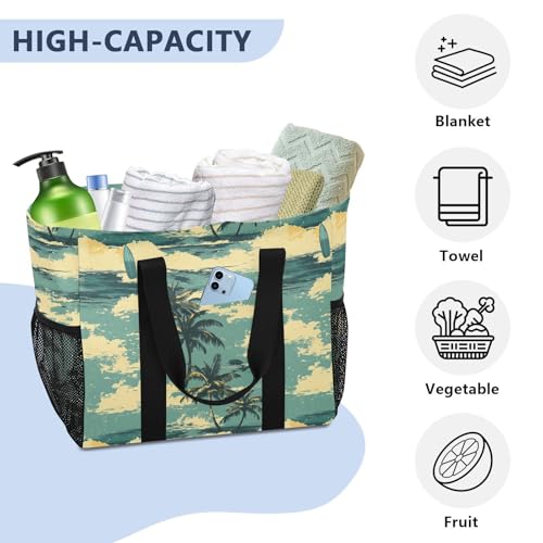 JUNZAN Retro Tropical Utility Storage Bags Foldable Beach Tote Bag Water Resistant Groceries Reusable Bags Canvas Travel Laundry Bag4