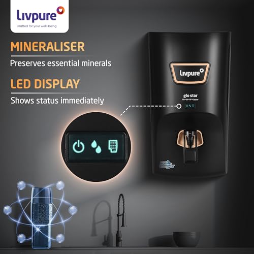 Image of Livpure Glo Star Copper HR | Free Standard Installation | High Water Recovery of 60% | 8 Stage Purification | RO+UV+UF Copper | Mineraliser | In Tank UV Sterilisation | 7L Storage | Black