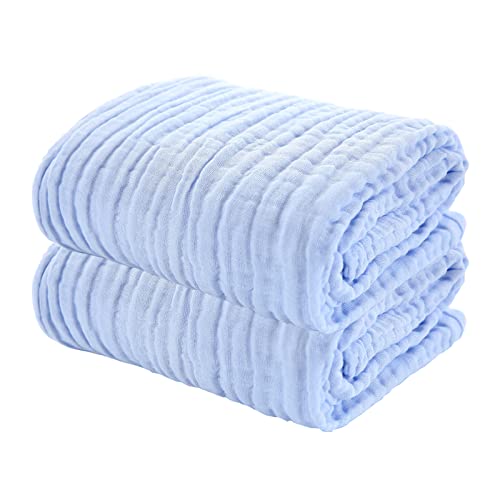 Image of YEBON ProC 2Pcs Baby Muslin Bath Towels, Super Soft Cotton Bath Towel 6 Layers Infant Newborn Swaddle Blanket 41.3 X41.3 Inches,Baby Registry as Shower (Blue)