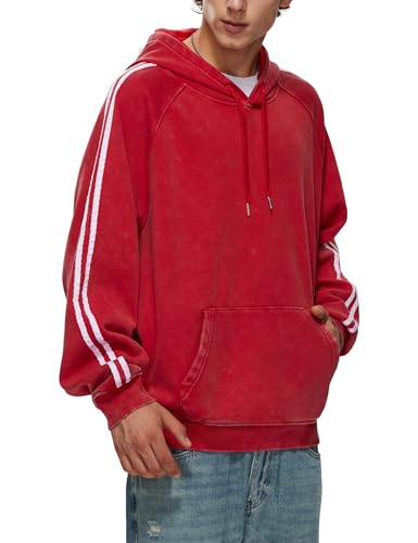Iwing Men's Double Striped Hoodie Oversized Acid Wash Hoodies Heavyweight Fleece Sweatshirt Casual Coat Men Women Winter