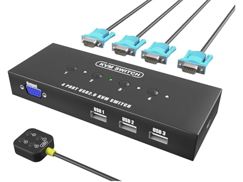 KVM Switch VGA 4 Port - KVM Switch for 4 Computers Share 1 Monitor & 3 USB 2.0 Devices,Keyboard Mouse Scanner Printer,U Disk, Driver-Free for All OS,4 KVM Cables 1 Desktop Controller Included