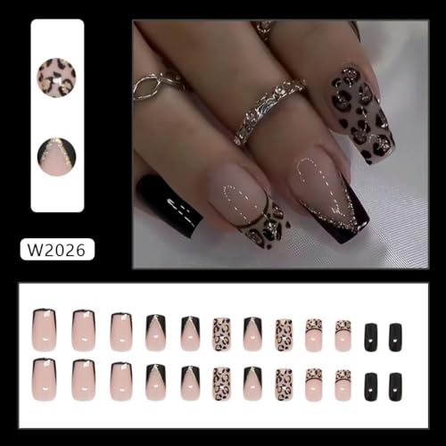 Image of Leopard Print Nail Press ons French Tip Fake Nails Black Press on Nails Glossy Full Cover Glue on Nails Medium Square False Nail Reusable Artificial Acrylic Stick on Nail for Women Manicure 24Pcs