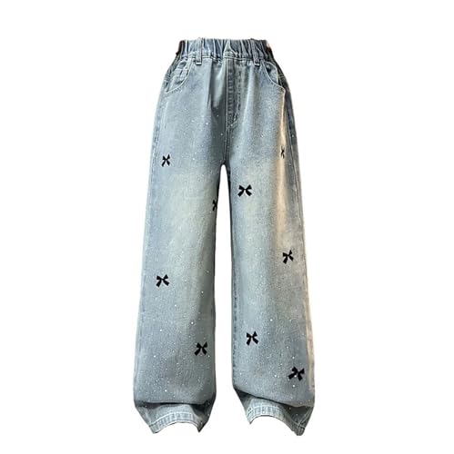 Girls Trendy Cute Bow Print Jeans Causal Fashion Straight Baggy Denim Pants High Waist Wide Leg Jean Sweatpants