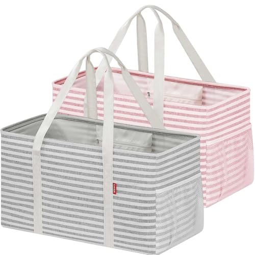 LHZ.K Standing Extra Large Utility Tote Bag 2 Pack Reusable Grocery Bags with Metal Wire Frame and Hard Bottom Board Foldable Shopping Bags for Storage Picnics Beach Laundry Car Grey&Pink