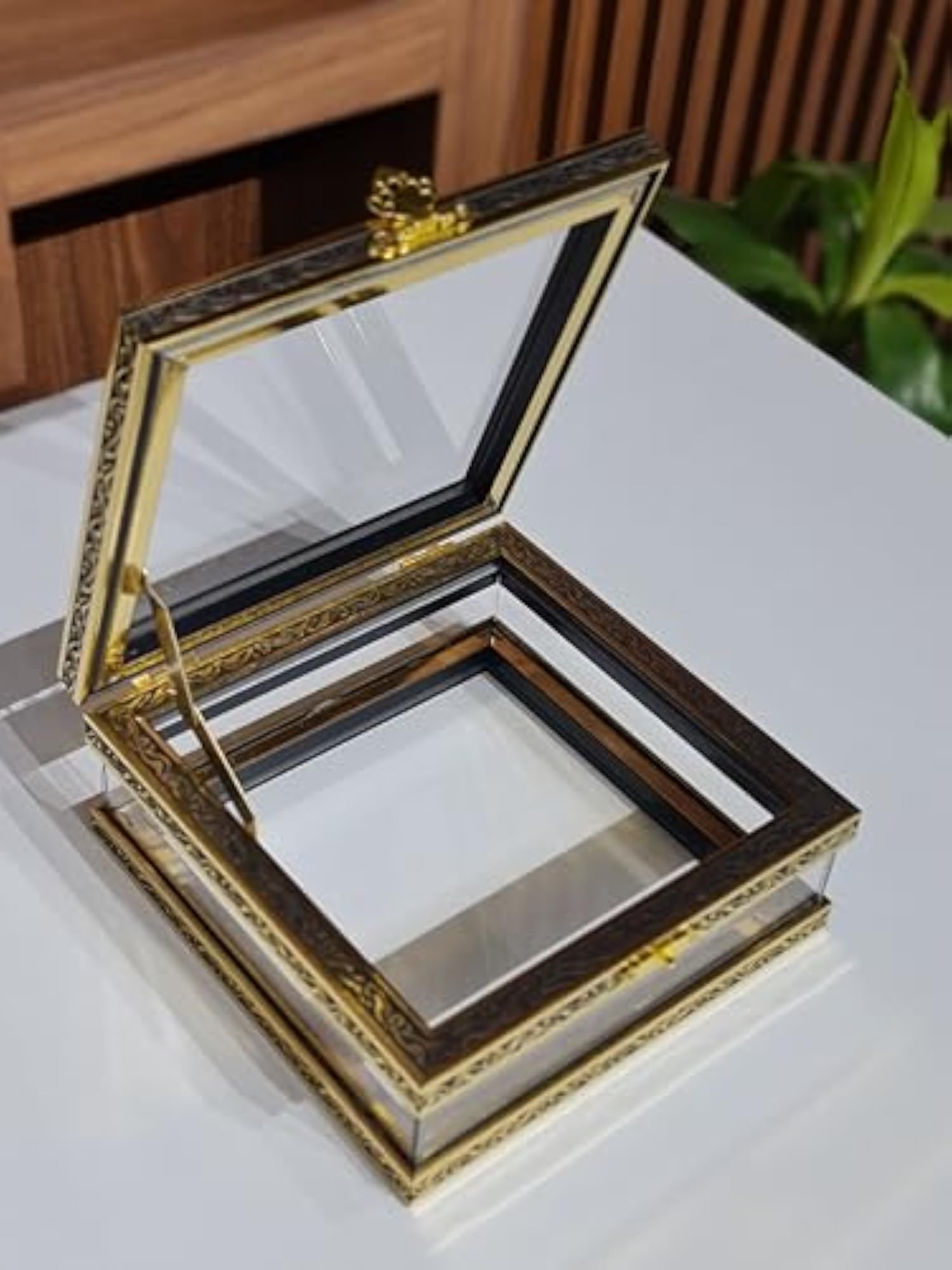 Square Acrylic Display Box with Black & Gold Metal Frame