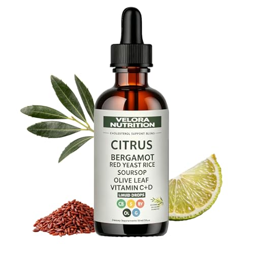 Velora Nutrition Citrus Bergamot Red Yeast Rice Velora Red Yeast Rice Cholesterol Cleanse High Absorption Drops with Soursop Olive Leaf Vitamin C+d Natural Non-GMO Vegan 2 Fl Oz (1Pc)