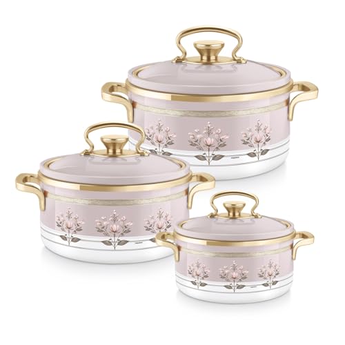 Image of Nayasa Rachel Casserole- Big Set of 3, 1000, 1500, 2000 ML | BPA Free | Food Grade | Easy to Carry | Easy to Store | Hot Pot for Kitchen | Roti Box | Pink