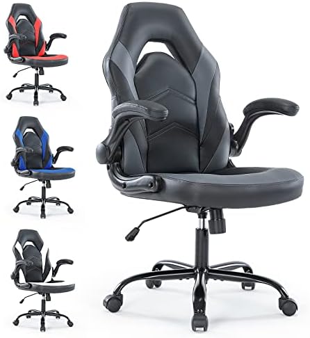 Gaming Chair Ergonomic Office Chair, Padded High Back Computer Desk Chair with Flip-up Armrests, PU Leather Executive Office Chair Swivel Rolling Chair for Adults Teens, Height Adjustable, Tilt & Lock