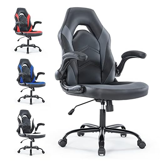 Gaming Chair Ergonomic Office Chair, Padded High Back Computer Desk Chair with Flip-up Armrests, PU Leather Executive Office Chair Swivel Rolling Chair for Adults Teens, Height Adjustable, Tilt & Lock