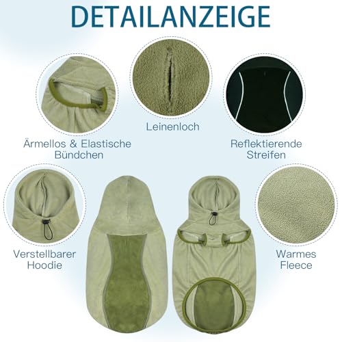 Katzinst Wintermantel Hund - Fleece Hundepullover Mittelgroße Hunde mit Leinenloch | Leichter Hundemantel mit Kapuze, Mantel für Hunde Winter, Französische Bulldogge, Grün (M)