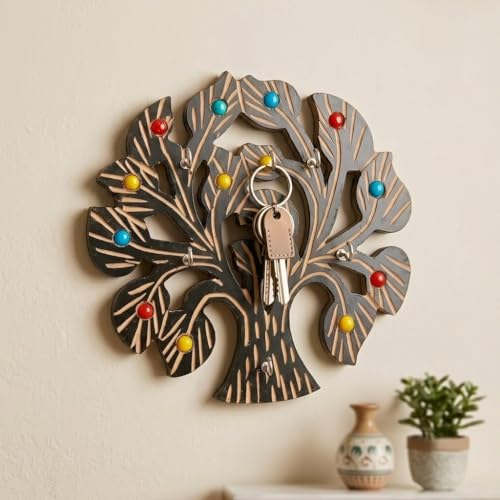 Image of Wooden Tree of Life Wall Key Holder with Colourful Beads, Decorative Hook Organiser