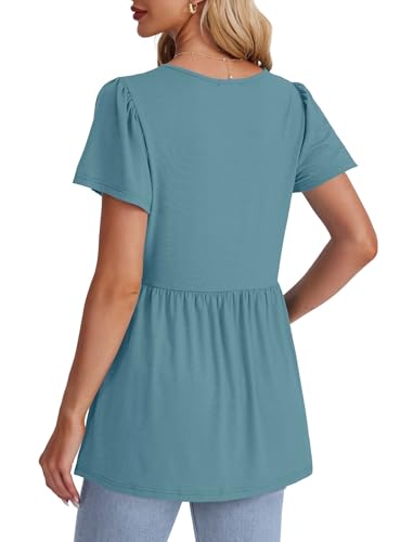 Image of OFEEFAN Womens Summer Tops Babydoll Short Sleeve Shirts Puff Sleeve Peplum Tops V Neck T Shirts