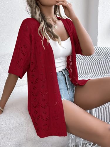 Image of Spicy Sandia Women's Loose Fit Short Sleeve Crochet Cardigan Sweaters for Summer