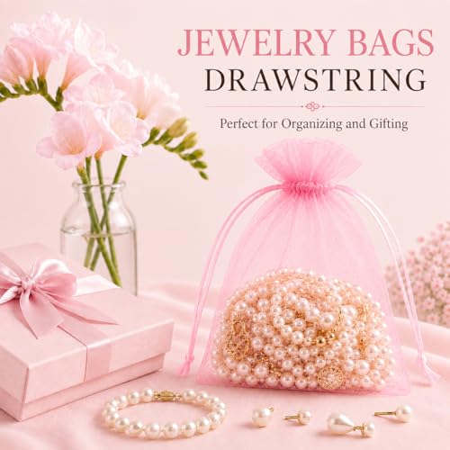 Image of ANZNKU 100PCS Sheer Pink Organza Bags 5x7 inch Mesh Bags Drawstring, Small Mesh Gift Bag for Makeup, Mesh Bag Drawstring, Organza Favor Pouches for Easter Party Wedding Mesh Festival