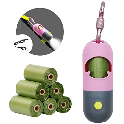 Morn Light Hundekotbeutelhalter mit LED-Taschenlampe Hundekotbeutelspender mit 7 Rollen auslaufsicheren grünen Kotbeuteln für Hundespaziergänge (wiederaufladbar, 1 Spender mit 105 Beuteln)(rosa) Cover