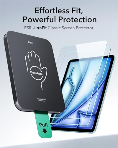 Image of ESR 2 Pack Screen Protector for iPad Air 11 Inch M4 /M3 /M2 2026 /2025 /2024 (8th /7th /6th Generation), 9H Tempered Glass Screen Guard with Ultra Fit Tray, Apple Pencil Support, Scratch Resistant
