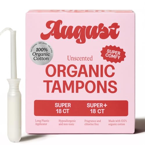 August Organic Tampons - Easy-Glide Long Applicators - Super & Super+ - 36-Pack 100% Organic Cotton Tampons for Women Non-Toxic Fragrance-Free and Hypoallergenic