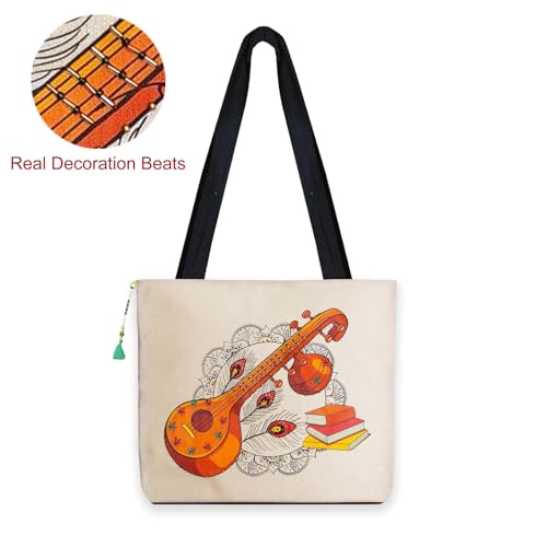 Image of Hand-Printed Tote Bag with Classical Design-Reusable, Zipper Closure For Women & Girls