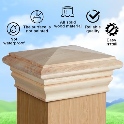 Image of Geetery 2 Pcs 4 x 4 Wood Newel Post Cap Fence Post Cap for Fence Topper Top Resistant Decking Caps for Outdoor Fences, Mailboxes and Decks (Poplar Wood)