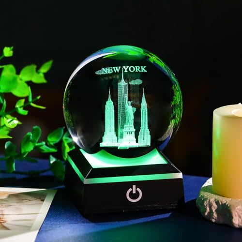 Image of 3D Crystal Ball New York City Snow Globe Statue of Liberty Souvenir Empire State Building Gifts for Women Men Adults with LED Base Night Light Decor Glass NYC Figurines Globe for Christmas